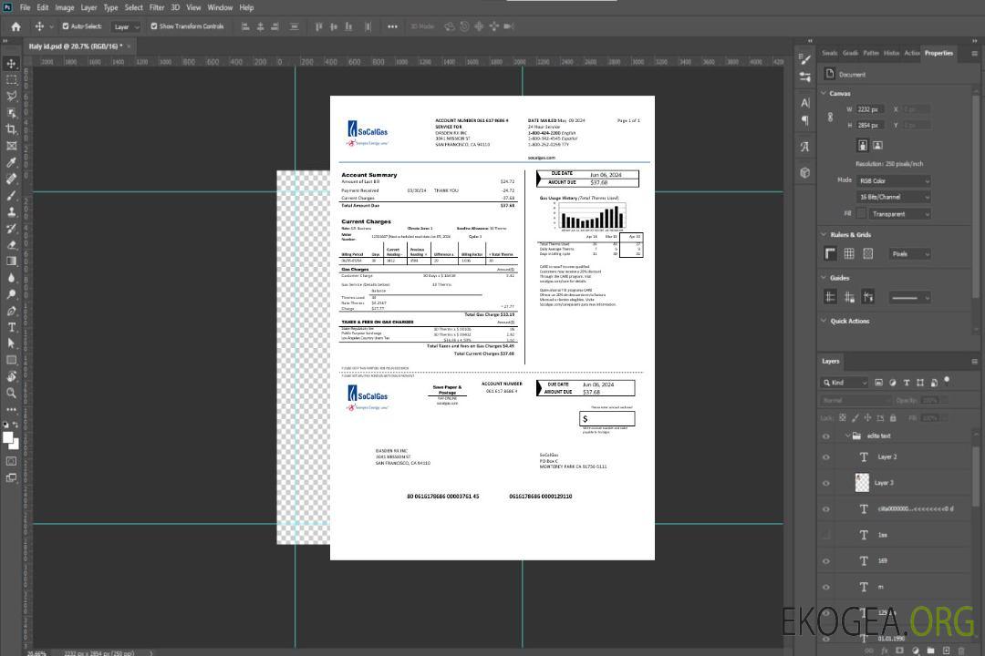 Modèle de facture de services publics pour les entreprises USA California SoCal Gas aux formats Word et PDF template